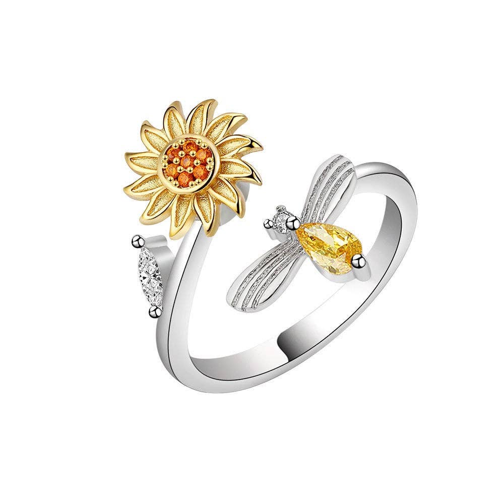Sunflower Anxiety Fidget Spinner Ring in 925 Sterling Silver